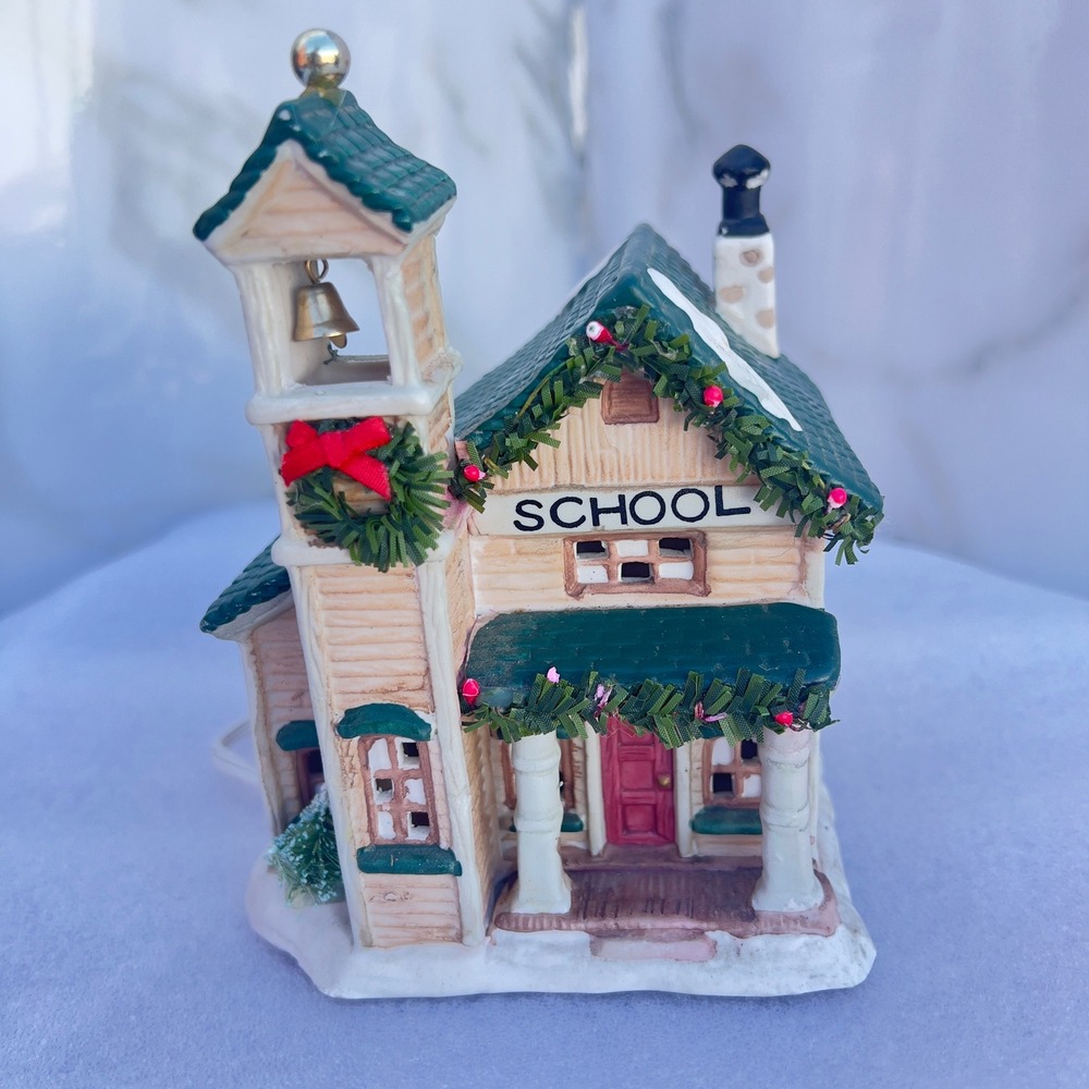 Ceramic Christmas Village Schoolhouse Bell Tower Holiday Decor Green Red White